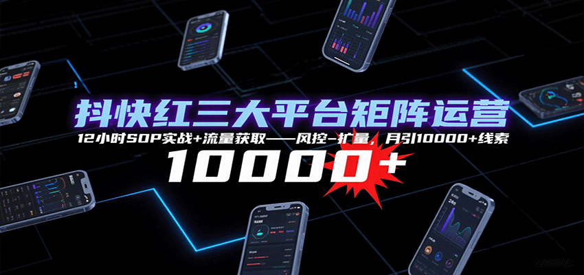 抖快红三大平台矩阵运营，12小时SOP实战+流量获取-风控-扩量，月引10000+线索-财兔窝项目网