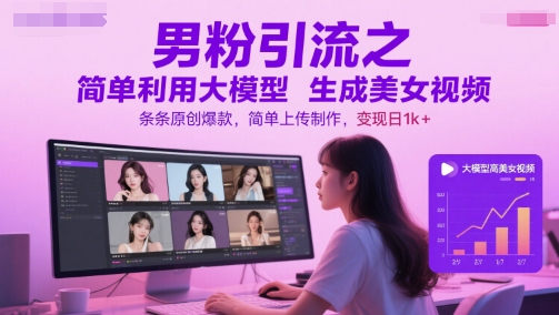 男粉引流之简单利用大模型生成美女视频，条条原创爆款，简单上传制作，变现日1k+-财兔窝项目网