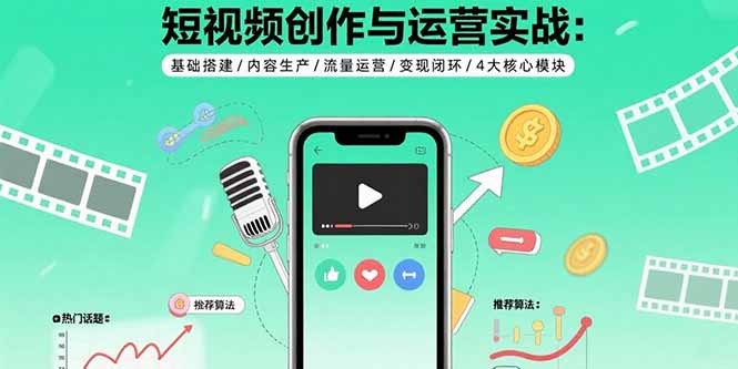 短视频创作与运营实战：基础搭建/内容生产/流量运营/变现闭环/4大核心模块-财兔窝项目网