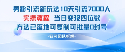 男粉引流新玩法10天引流7000人当日变现四位数可复制可批量0封号-财兔窝项目网