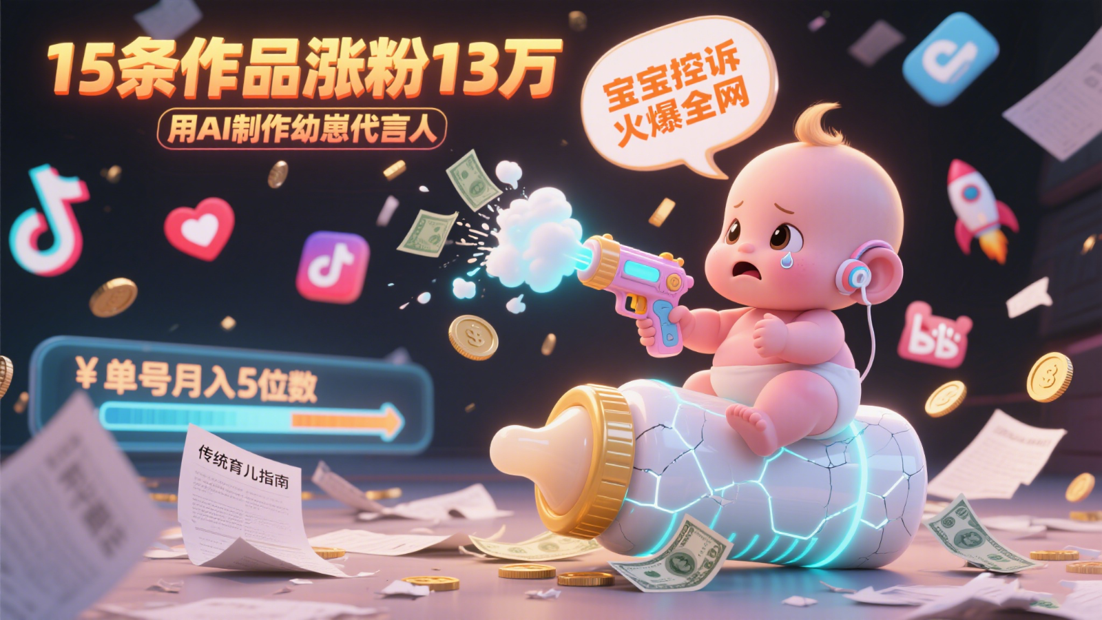 用AI制作幼崽代言人，宝宝的控诉火爆全网，15条作品涨粉13万，单号月入5位数实操教程-财兔窝项目网