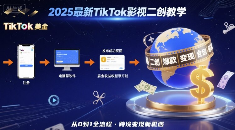 2025年最新TikTok影视二创教学，从注册到发布撸美金全流程，跨境变现新机遇-财兔窝项目网