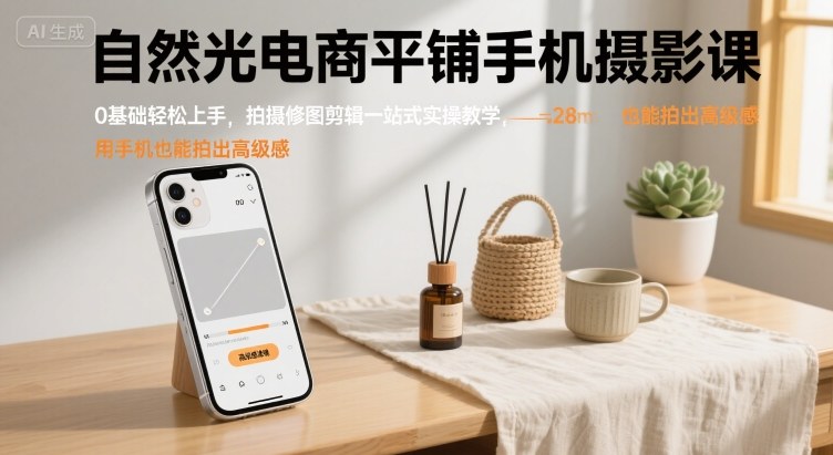自然光电商平铺手机摄影课，0基础轻松上手，拍摄修图剪辑一站式实操教学，用手机也能拍出高级感-财兔窝项目网