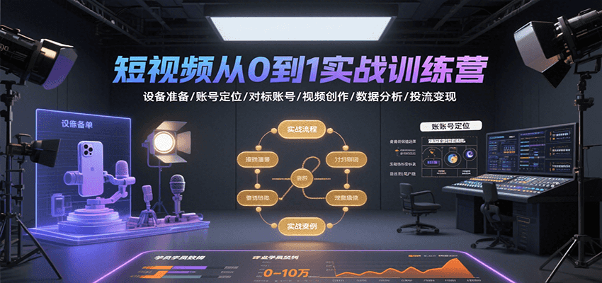 短视频从0到1实战训练营：设备准备/账号定位/对标账号/视频创作/数据分析/投流变现-财兔窝项目网