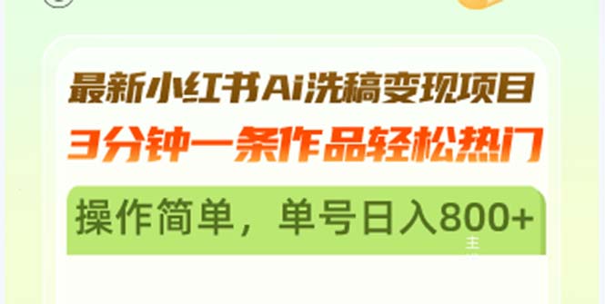 最新小红书Ai洗稿变现项目 3分钟一条作品轻松热门 操作简单，单号日入800+-财兔窝项目网