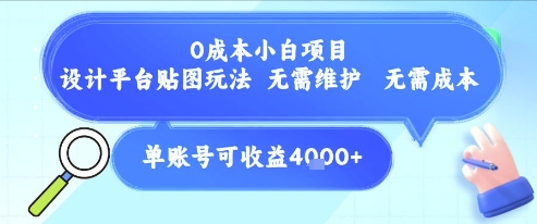 0成本小白项目，设计平台贴图玩法，无需维护，无需成本，单账号单月可产生收益4k+-财兔窝项目网