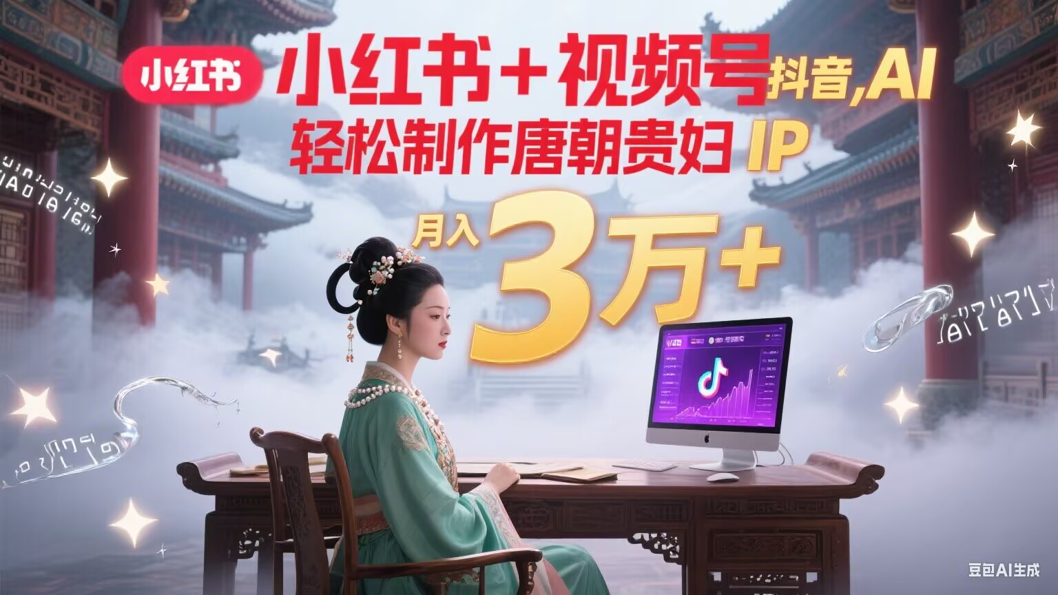 小红书+视频号+抖音，AI轻松制作唐朝贵妇IP，毒鸡汤、励志、减肥瘦身、养生赛道轻松切入，每天30分钟，轻松产出N条，月入3万+-财兔窝项目网