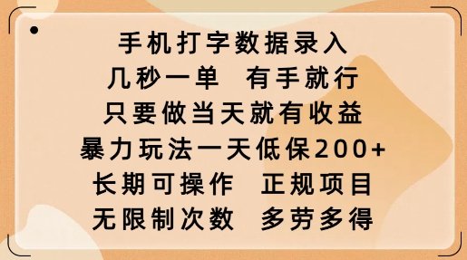 手机打字数据录入，几秒一单，有手就行，只要做当天就有收益，暴力玩法一天低保2张-财兔窝项目网