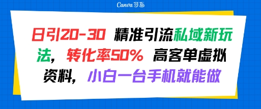 日引 20-30 精准引流私域新玩法，转化率50% 高客单虚拟资料，小白一台手机就能做-财兔窝项目网