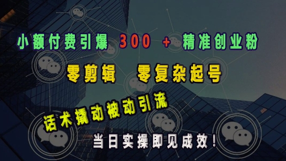 小额付费引爆 300 + 精准创业粉，零剪辑、零复杂起号，话术撬动被动引流，当日实操即见成效-财兔窝项目网