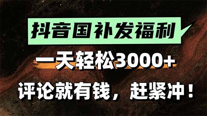 一天轻松3000+，抖音国补福利！评论就有钱，还有额外躺赚！-财兔窝项目网