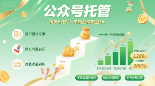 【公众号托管 】我提供文章，你发布，每天5分钟，单篇最高收益1k+【揭秘】-财兔窝项目网