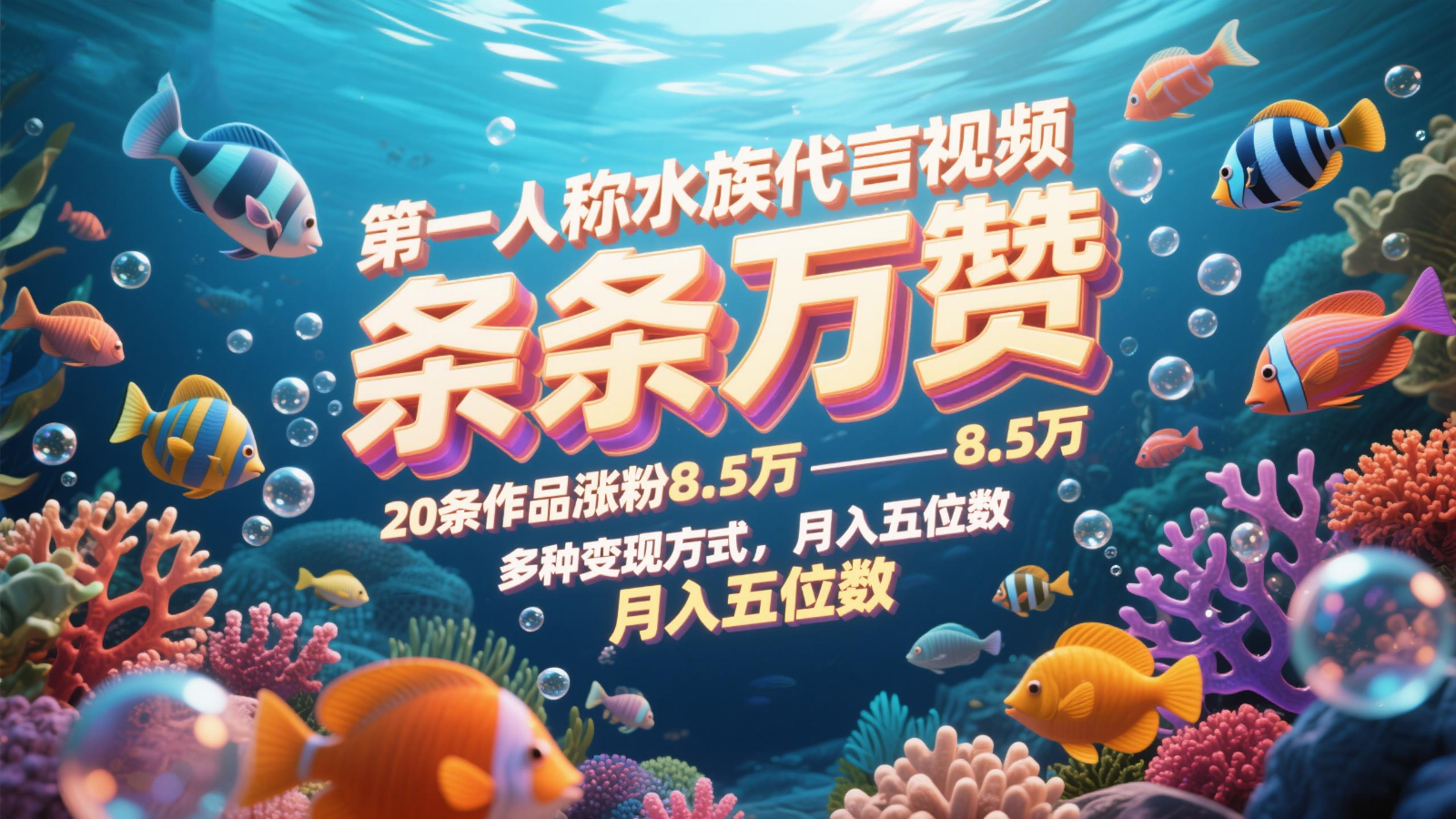 第一人称水族代言视频，条条万赞，20条作品涨粉8.5万，多种变现方式月，入五位数-财兔窝项目网