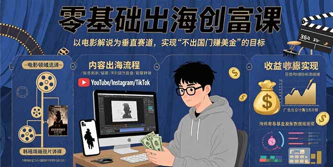 零基础出海创富课：以电影解说为垂直赛道，实现不出国门赚美金的目标-财兔窝项目网