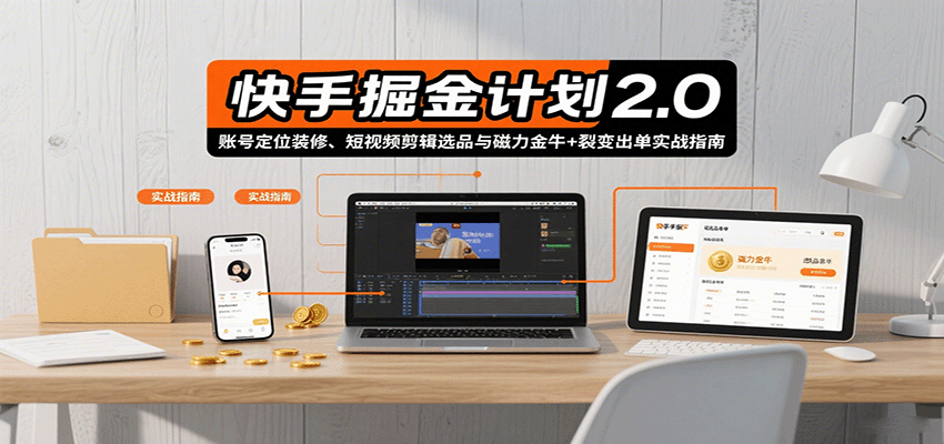 快手掘金计划2.0，账号定位装修、短视频剪辑选品与磁力金牛+裂变出单实战指南-财兔窝项目网