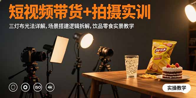 短视频带货+拍摄实训：三灯布光法详解,场景搭建逻辑拆解,饮品零食实景教学-财兔窝项目网