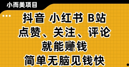 小而美的项目，抖音小红书B站视频点赞、关注、评论就能挣钱，简单无脑立见收益，妥妥的零撸项目【揭秘】-财兔窝项目网