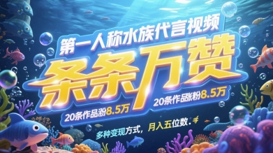 第一人称水族代言视频，条条万赞，20条作品涨粉7.8W，多种变现方式月入五位数-财兔窝项目网